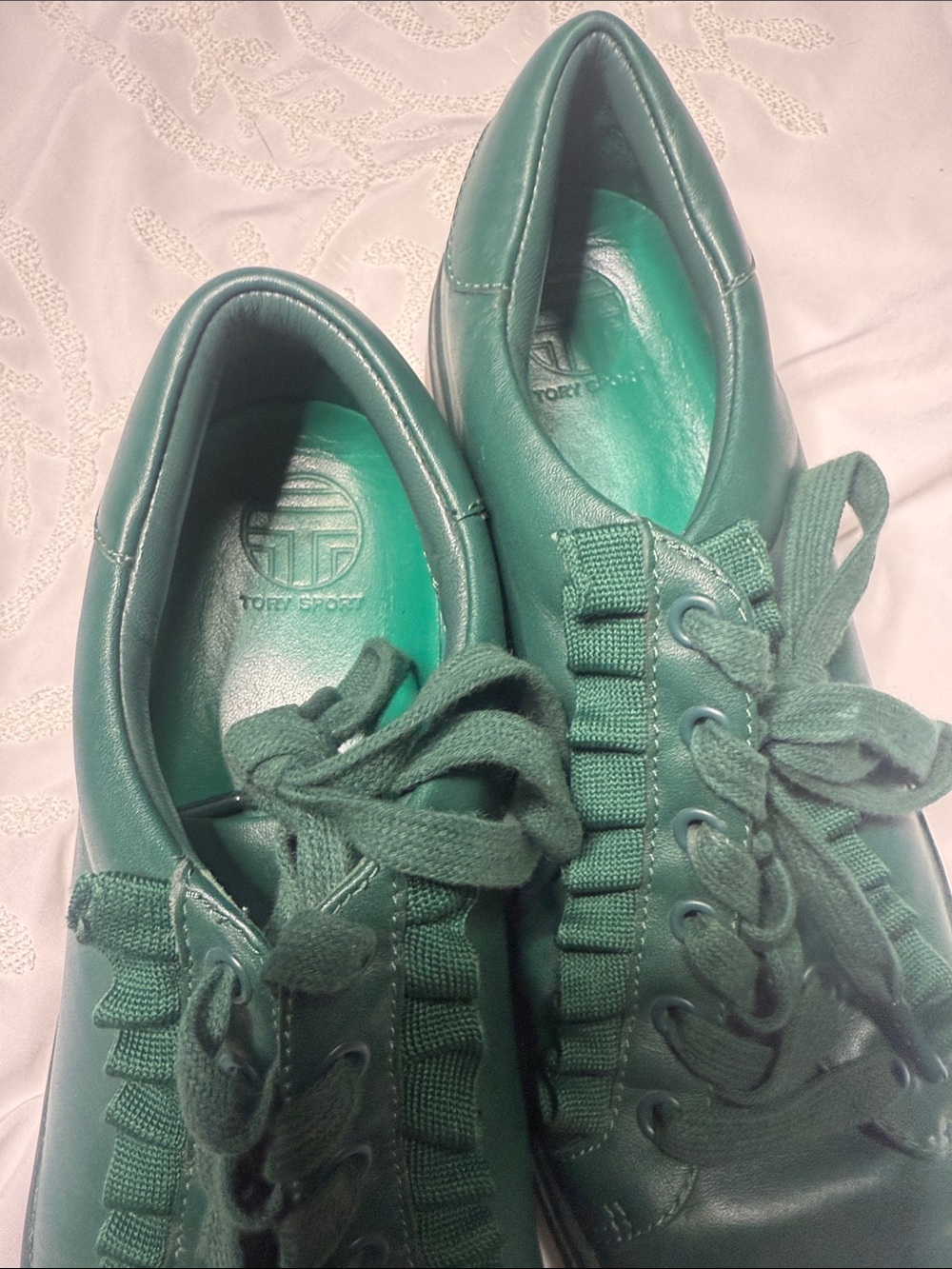 Tory Sport Green Leather Ruffle-Trim Lace-Up Sneakers